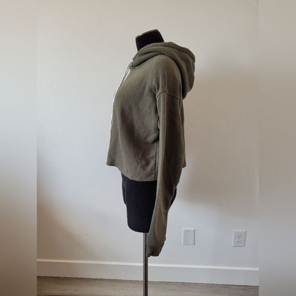 Cropped Hoodie Olive Army Green Cozy Oversized Boxy Cotton Loungewear Medium - Picture 3 of 9